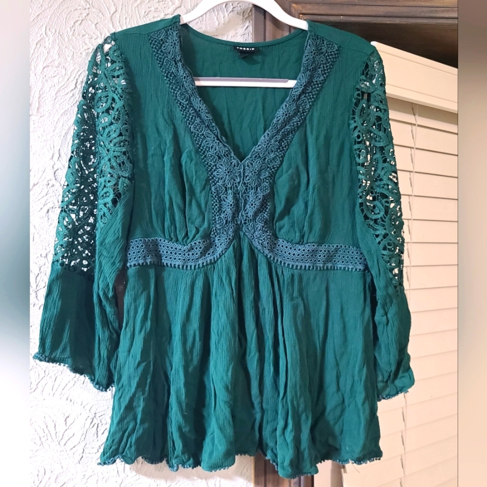 Torrid Babydoll Crinkle Gauze Lace Top 0X Green Tunic Bell Sleeve Flowy Flirty